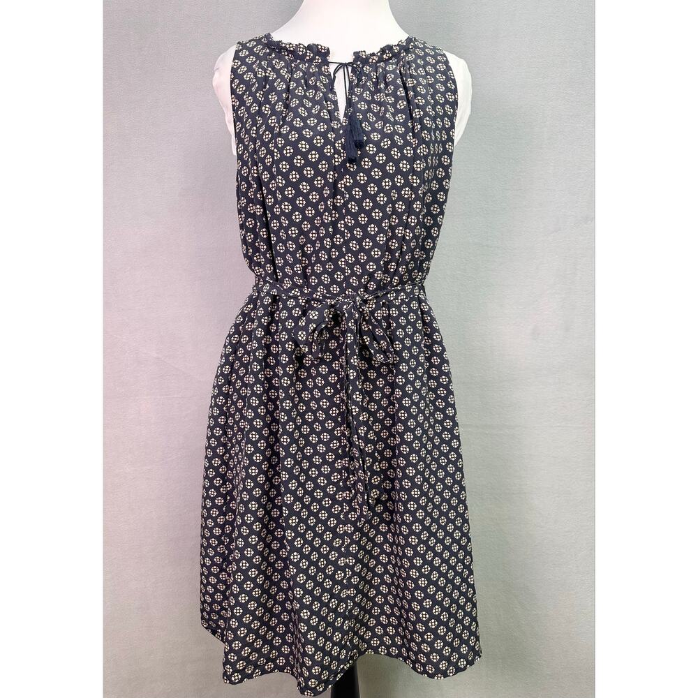 Madewell 100% Silk Navy Blue Printed Sleeveless Belted Tassel Tie Dress Size S - Picture 2 of 10